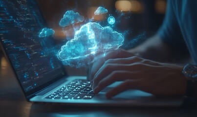  Man typing on laptop, cloud service hologram and devices sync 