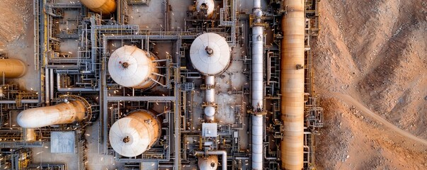 Aerial view of industrial oil and gas processing facility featuring pipes, tanks, and machinery on a sandy landscape.