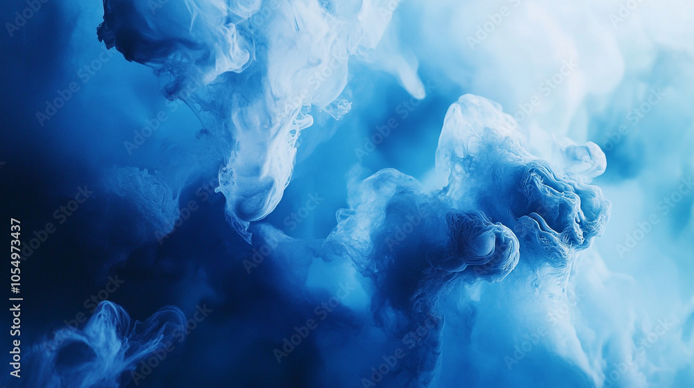 Poster swirling blue and white ink patterns creating a dramatic abstract background in a vibrant setting