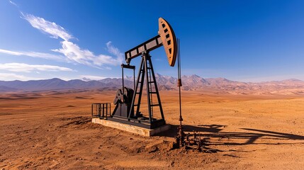 Naklejka premium An oil pump jack stands prominently in a vast, arid landscape under a bright blue sky, symbolizing energy production and natural resource extraction.
