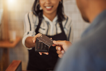 People, card or hands in cafe for payment, business transaction or service charge on machine....