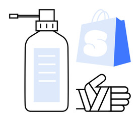 Hand sanitizer bottle, bandaged hand, and shopping bag. Ideal for health, hygiene, shopping, first aid, and cleanliness. Simple modern style