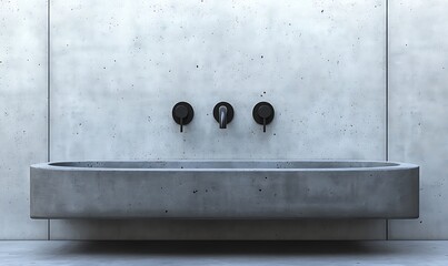  Modern minimalist bathroom sink with concrete countertop and black fixtures. 3D Rendering 