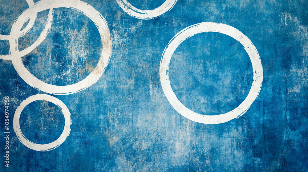 Poster abstract blue background with white circles creating a modern artistic effect