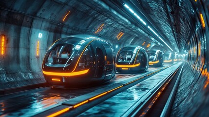 Fototapeta premium Self driving vehicles in an underground tunnel. Concept