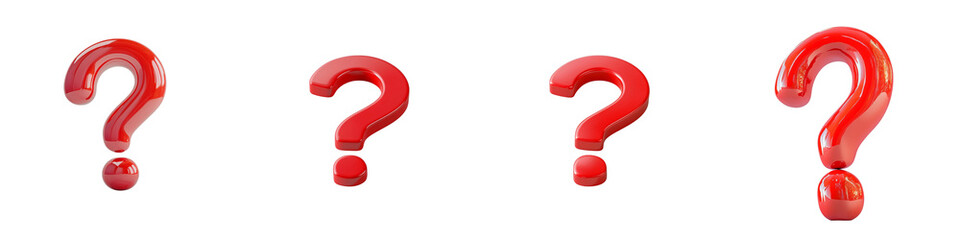 Set of A 3D red question mark icon on a transparent background cutout, PNG file