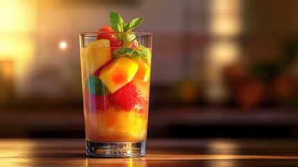 A beautifully decorated fruit drink in a glass with realistic lighting, showcasing vibrant colors