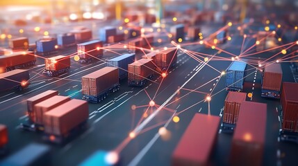 Digital network of shipping containers at a port, illustrating global logistics and trade efficiency through connected technology.