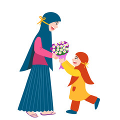 The muslimah girl giving the mother a bouquet flower
