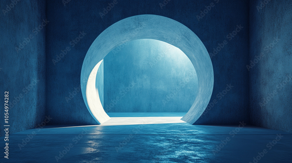 Poster a tranquil blue tunnel leads to an illuminated circular opening in a modern minimalistic space