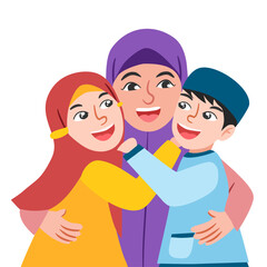 The mother hugs her girl and her boy