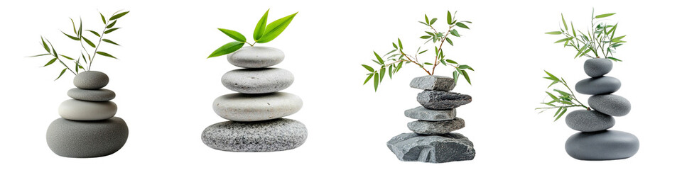 Fototapeta premium Set of A stacked grey stones with bamboo leaves, on a transparent background cutout