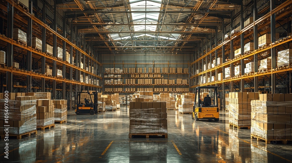 Poster a large warehouse filled with neatly stacked boxes and forklifts operating during daytime hours
