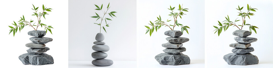 Set of A stacked grey stones with bamboo leaves, on a transparent background cutout