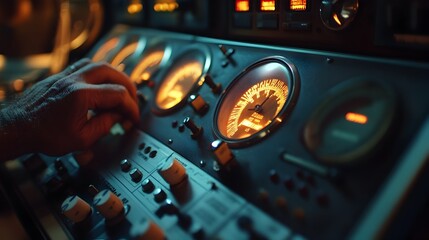 Analog Sound Level Meter in Use with Glowing Vintage Audio Equipment Controls