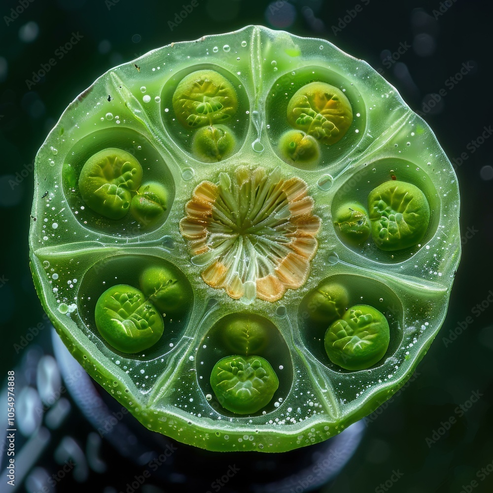 Poster a close-up view of a green plant structure with a circular shape and multiple compartments. ai.