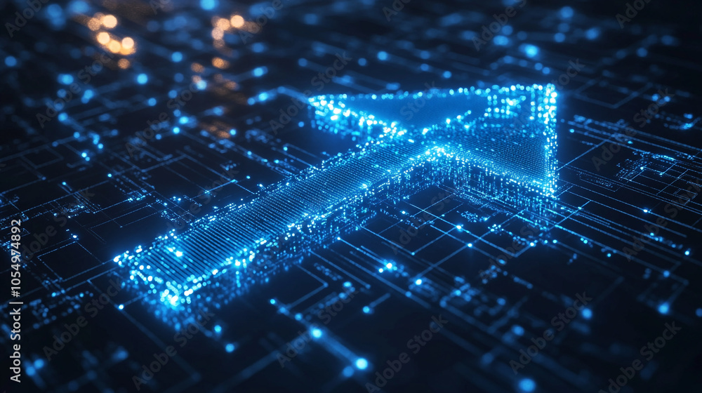 Poster digital arrow symbolizing direction in a futuristic tech landscape at night