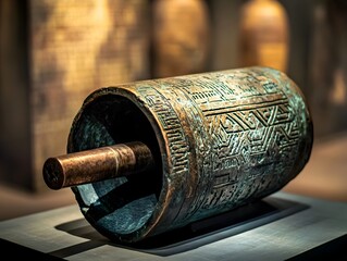 Enigmatic Ancient Baghdad Battery Artifact with Intricate Etched Patterns on Bronze Cylinder © Siriroj