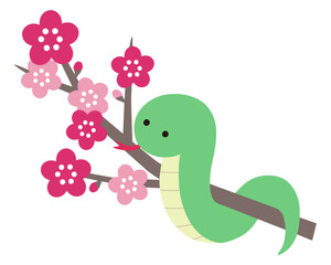 かわいい梅の花と蛇のベクターイラスト　巳　巳年　干支　アイコン　年賀状　
