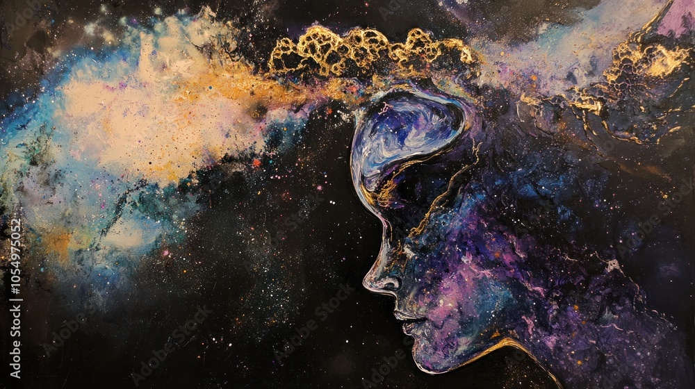 Poster a cosmic portrait blending human features with celestial elements, evoking introspection.