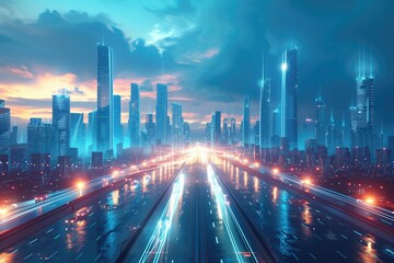 Fototapeta premium A futuristic cityscape with flying cars and towering skyscrapers 