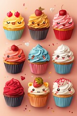 Colorful and cheerful cupcakes with cute faces, perfect for dessert-themed projects and celebrations.