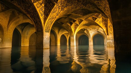 Intricate Network of Ancient Persian Underground Aqueduct Tunnels with Ornate Stone Carvings and Shimmering Water Reflections