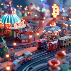 Colorful miniature amusement park scene with vibrant lights, rides, and trains, creating a whimsical atmosphere.