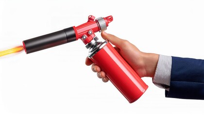 Naklejka premium Hand holding modern fire extinguisher with flames, white background