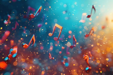 Colorful musical notes floating in a vibrant and dreamy background, creating a lively and festive atmosphere.