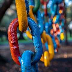 Colorful playground chains glistening with dew under morning sunlight, creating a vibrant and playful atmosphere.