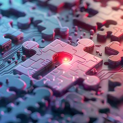 Colorful puzzle pieces interwoven with circuit patterns, symbolizing technology and creativity in a vibrant digital landscape.