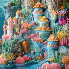 Colorful underwater village featuring whimsical buildings, vibrant corals, and marine life, creating an enchanting oceanic scene.