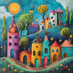 Colorful whimsical village landscape with vibrant houses, trees, and flowers under a sunny sky, perfect for children's art.