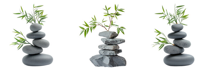 Set of A stacked grey stones with bamboo leaves, on a transparent background cutout
