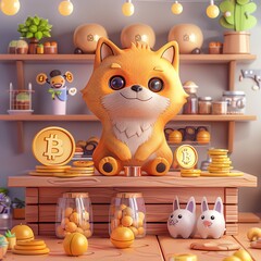 Cute cartoon fox surrounded by coins and jars, creating a whimsical atmosphere in a cozy shop filled with playful decor.