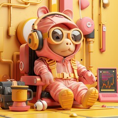Cute pig character in stylish hoodie and headphones, surrounded by modern tech in a vibrant, playful setting.