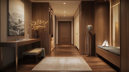 A contemporary wooden entrance hallway with warm wooden tones, complete with a furniture