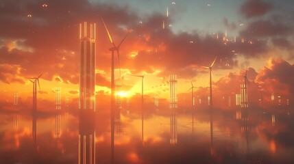 Futuristic cityscape with wind turbines at sunset, reflecting in water, blending nature with technology in vibrant colors.