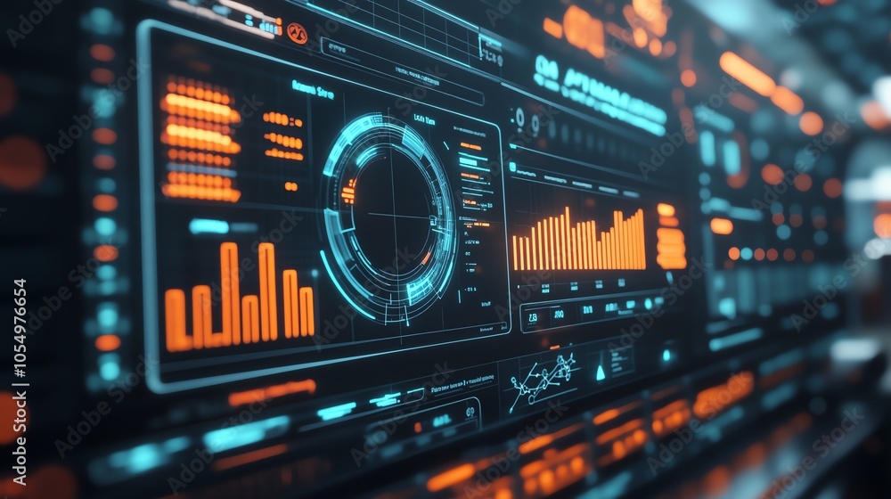 Poster futuristic digital dashboard with data visualizations and glowing orange highlights, showcasing adva