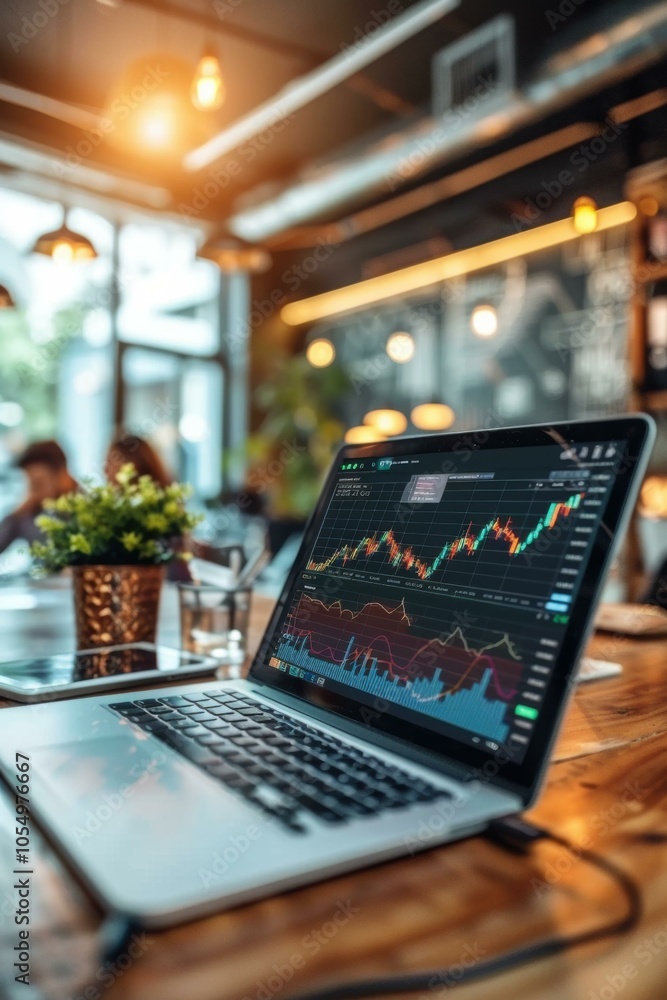 Poster a laptop displaying a stock market graph on a wooden table in a cafe. ai.