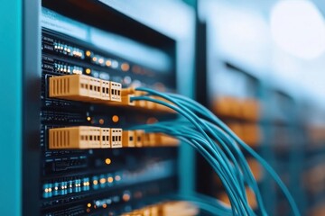 Network cables connecting to server in data center blinking lights illuminating the scene