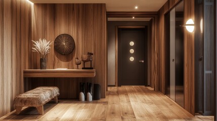A cozy wooden entrance hallway with a modern design, featuring a sleek furniture desk