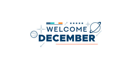 Background design template welcoming December, the last month. Background
bright white with planets and other abstract elements. A lively end of year celebration