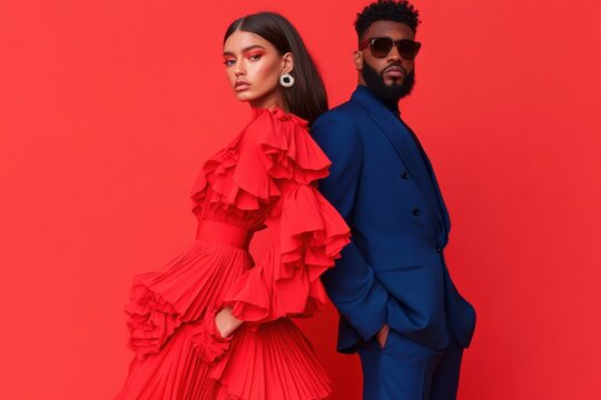 Fashionable couple posing back to back in red and blue outfits