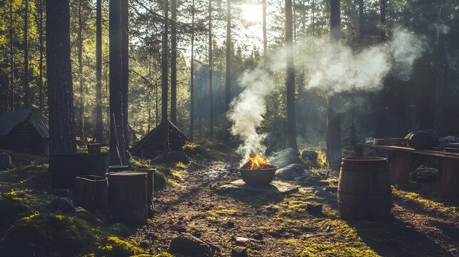 Traditional Pine Tar Production in a Sunlit Forest Clearing with Rustic Wooden Tools and Billowing Smoke