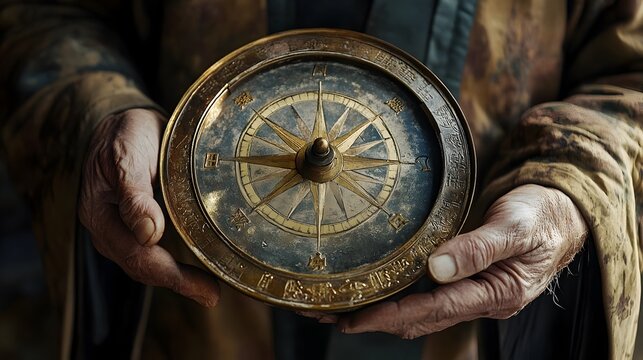 Intricately Detailed Antique Chinese Compass Grasped by Wise Elder in Traditional Robes