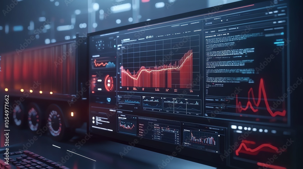 Poster high-tech trading desk with real-time data and analytics on screen. ideal for financial markets, tec