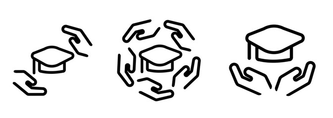 hand protect graduation hat cap education study college school academic icon set illustration line outline stroke symbol of scholarship