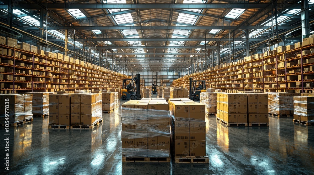 Poster a busy warehouse filled with neatly stacked boxes and two forklifts operating during daytime hours